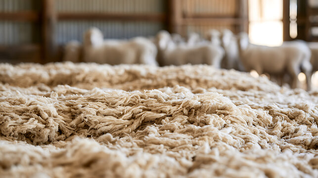 Close-up of freshly shorn raw wool pile with blurred farm animals in a rustic barn interior, natural texture