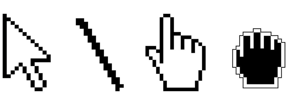 Set of various black and white pixel art computer mouse cursor icons on white background