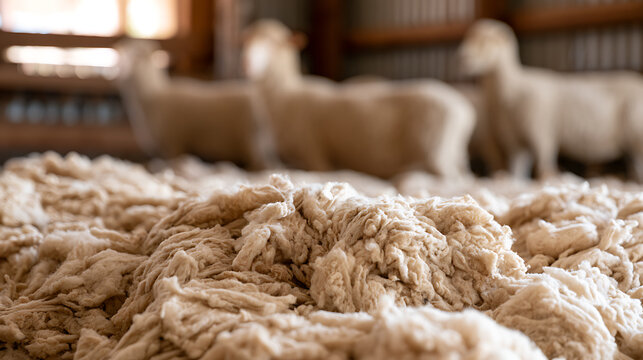 Freshly shorn wool pile on a rustic farm, with a soft focus on sheep in the background, showing natural texture