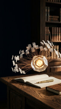 Open notebook and pen on wooden desk with glowing digital document network above it. Business innovation, information management, creative technology and knowledge transfer concept with copy space
