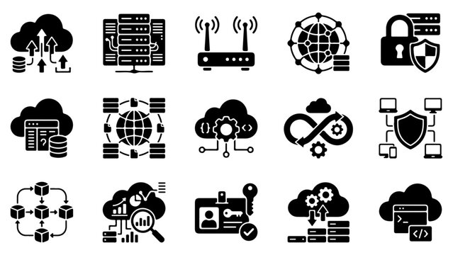 Set of black cloud computing server and network technology icons for web and mobile development