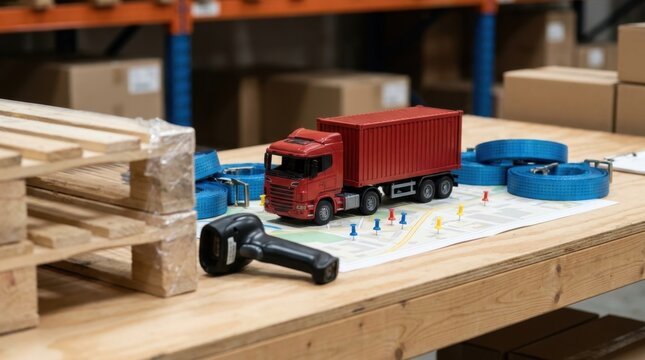 Freight network planning concept with pallets, scanner, container truck model, cargo straps, and route pins on a warehouse table.