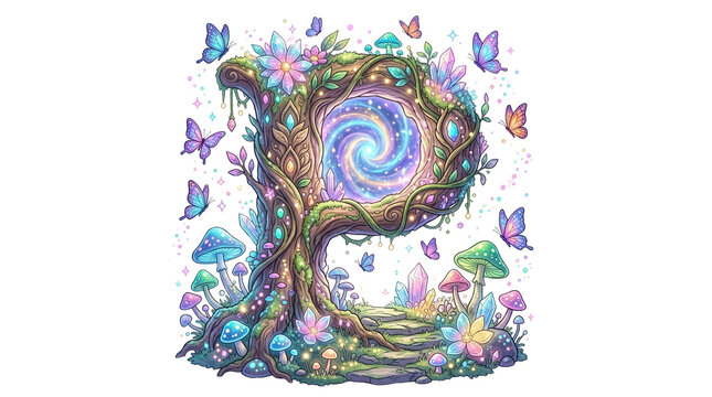Fantasy letter P initial, magical forest alphabet with glowing portal, enchanted tree trunk typography with butterflies and mushrooms