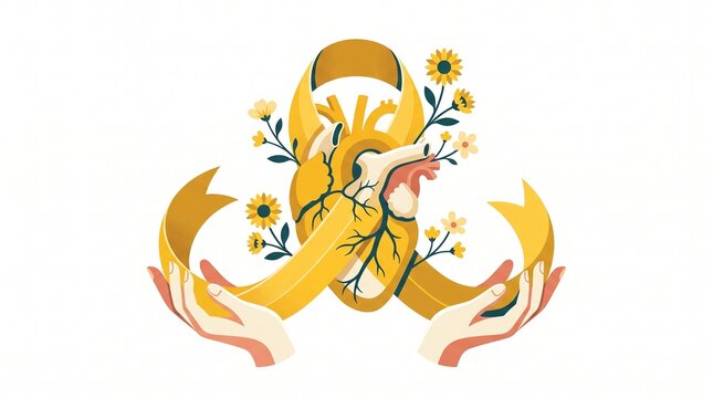 Yellow awareness ribbon with heart and helping hands for Yellow September, representing emotional care, hope, human connection and suicide prevention