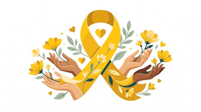 Premium Yellow September vector illustration of a golden yellow awareness ribbon transforming into hands and flowers, symbolizing emotional care, hope and suicide prevention