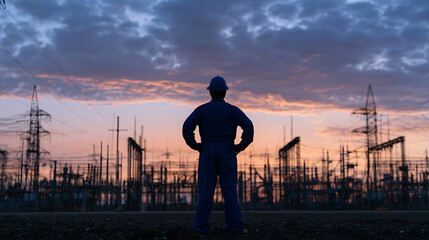 Fototapeta premium Silhouette of Power Engineer in Hard Hat and Uniform Oversee Electricity Substation at Scenic Sunset