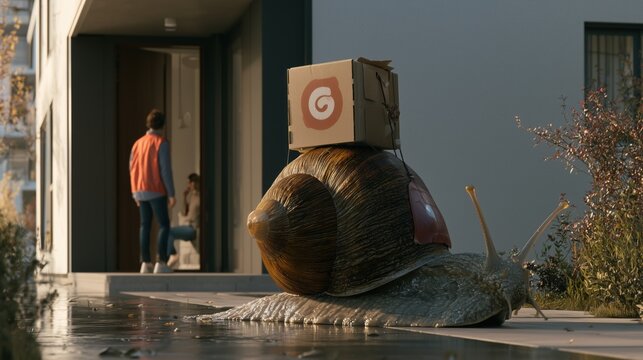 Photorealistic giant snail working as a food delivery courier, carrying a pizza box to a modern apartment. Humorous contrast between slow delivery and fast food culture.