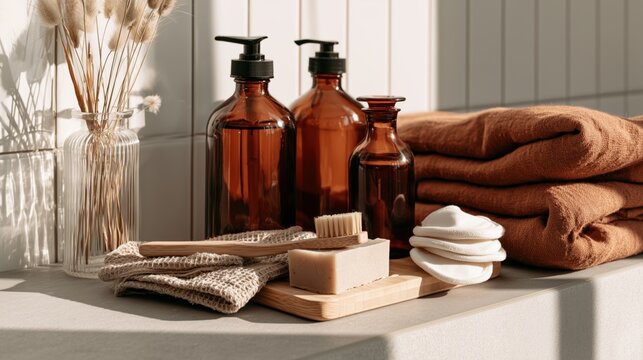 Zero waste bathroom with amber glass bottles, bamboo toothbrush, natural soap, reusable cotton pads and linen towels in a minimalist eco-friendly interior.