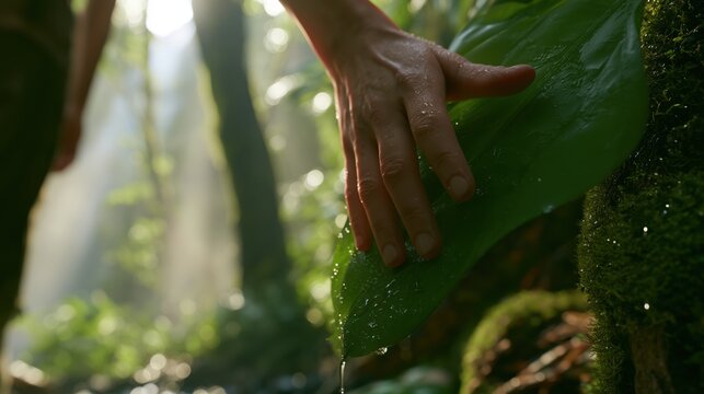 Person walking through a lush forest after rainfall, touching a wet green leaf covered in droplets, with moss, mist, wet soil and soft sunlight creating a peaceful nature scene.