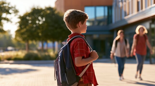 School-age boy standing near a modern school entrance on the first day of the new school year, seen from behind with parents walking nearby in soft morning sunlight.