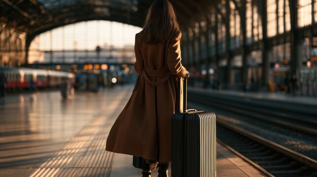 Female traveler standing with a modern suitcase inside an elegant European train station, seen from behind with her face completely hidden, looking toward distant platforms in soft morning light.