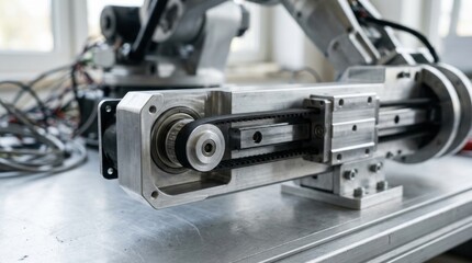 Fototapeta premium Close-up of a belt-driven linear actuator with aluminum housing, timing belt, guide rail, and machined pulley teeth