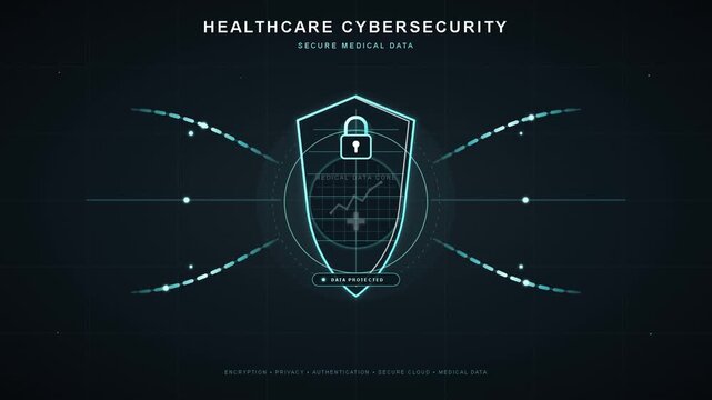Healthcare cybersecurity digital interface, secure medical data protection shield, futuristic HUD technology background