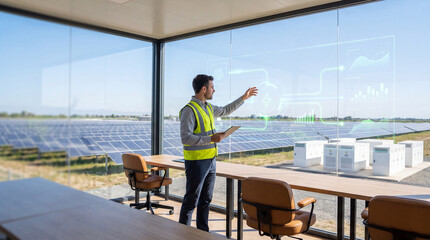 Fototapeta premium Professional engineer monitoring renewable energy, feeling focused and confident, works in modern office with solar field views