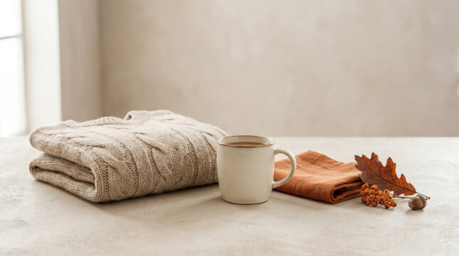 Cozy Autumn Setup With Sweater, Coffee, And Leaves