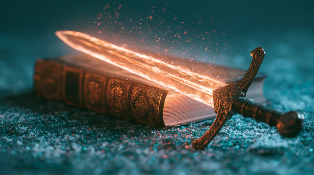 Dramatic dark composition featuring an aged holy book next to a radiant mystical sword radiating intense warm light and particles.