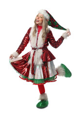 Naklejka premium Happy woman dressed in elf costume on white background. Christmas celebration