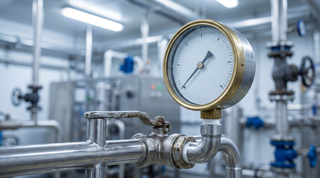 Close up view of gauge on metal pipe providing professional industrial precision, creating feeling of focused reliability