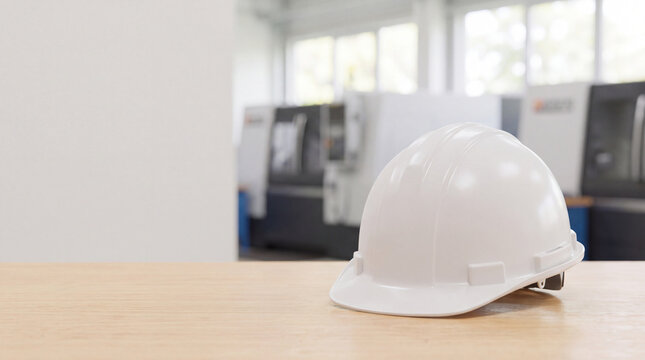 White hard hat placed on wooden table feeling organized professional safety protective equipment in modern factory industrial workshop