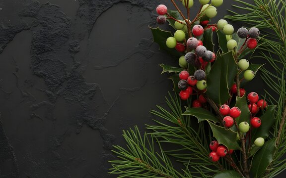 Christmas evergreen branches with red and white berries on dark textured