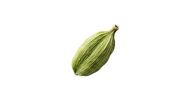 Green cardamom pod with flying spice particles, aromatic cardamom seed explosion on white background, organic herbal seasoning