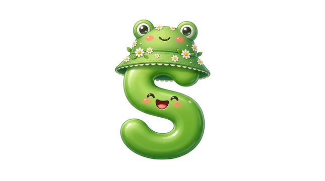 Kawaii frog letter S character, cute green amphibian alphabet illustration, smiling cartoon froggy initial for kids nursery decor