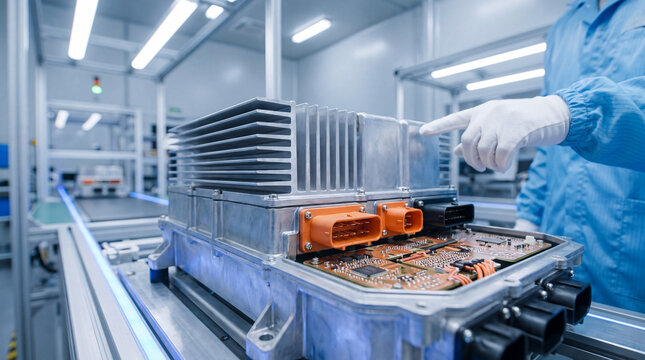 Professional worker inspecting electronic inverter module unit with focus and concentration inside modern automotive component assembly plant