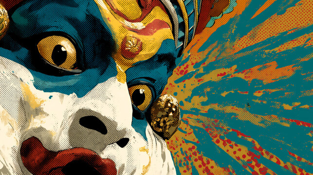 Kathakali dancer face portrait in pop art style, traditional Indian Theyyam performer mask with vibrant colors and halftone dots