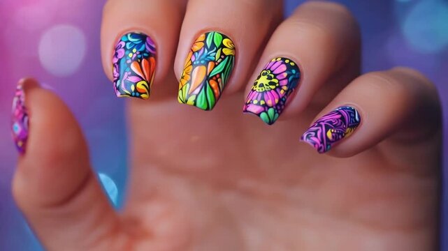 Vivid floral nail art on hand with multicolored background. Cinco de Mayo, Battle of Puebla Day, Mexican Heritage Festival - Latin American Cultural Celebration