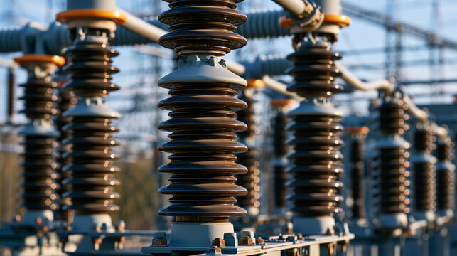 High voltage ceramic insulators at an electrical substation under bright sunlight. Ideal for energy infrastructure and utility power concepts.