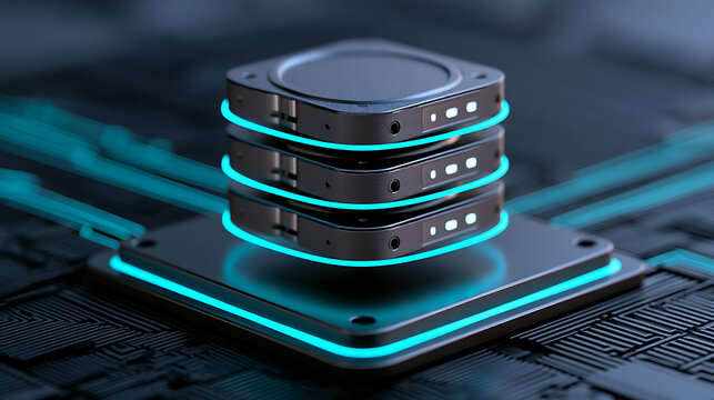 Abstract stack of illuminated data servers connect to a circuit board, representing modern technology and digital processes