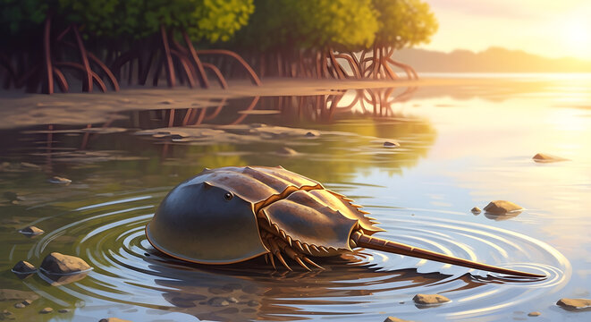 Horseshoe crab crawling in shallow water on a sandy beach near mangroves at sunset, living fossil prehistoric marine creature