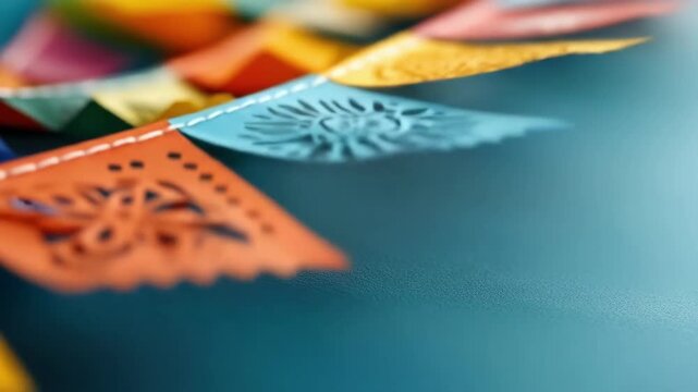 Colorful papel picado banners with intricate cutouts on blue background. Cinco de Mayo, Battle of Puebla Day, Mexican Heritage Festival - Latin American Cultural Celebration