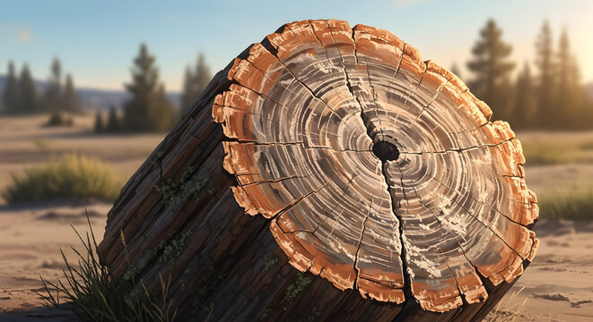 Petrified wood log in a desert landscape, ancient fossilized tree trunk with visible growth rings illustration, geology concept