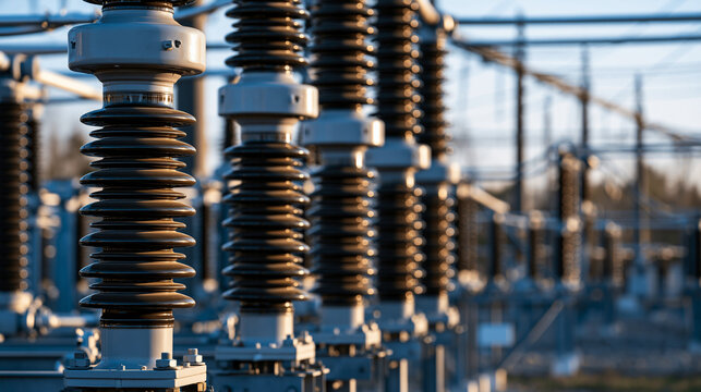 High voltage electrical insulators stand in rows at a power substation during daylight. Perfect for energy transmission and power grid concepts.