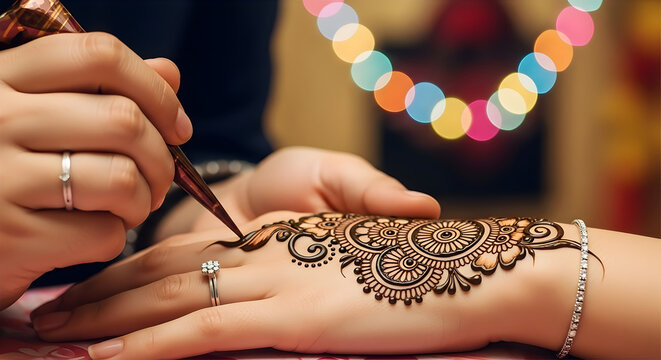 Henna artist applying traditional mehendi design on woman hand, Indian wedding and festive body art concept with bokeh lights