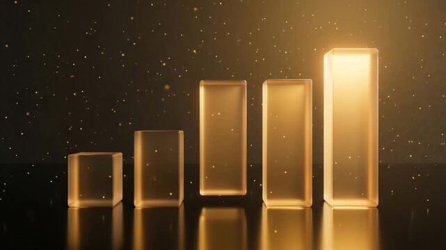 Glowing golden bar chart made of translucent crystal blocks showing business growth and financial success on a dark background with sparkles