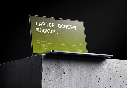 Laptop PSD Mockup on Concrete Pedestal Block