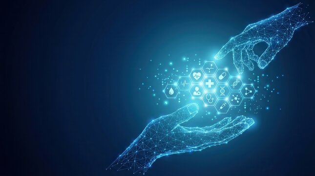 Interconnected digital health icons held between glowing wireframe hands during a technological network