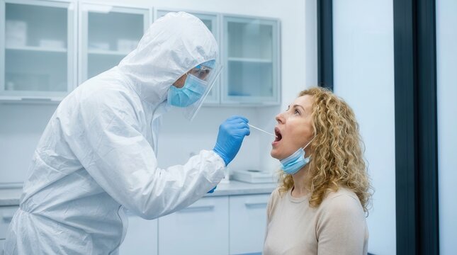 Medical professional in protective suit performs nasal swab test on woman in clinic during pandemic