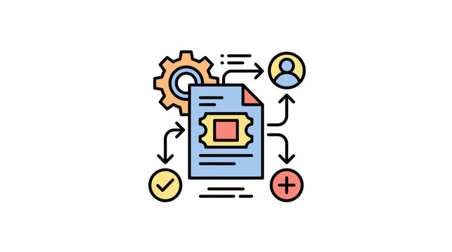 Automated ticketing system icon with gears and user profile symbols.