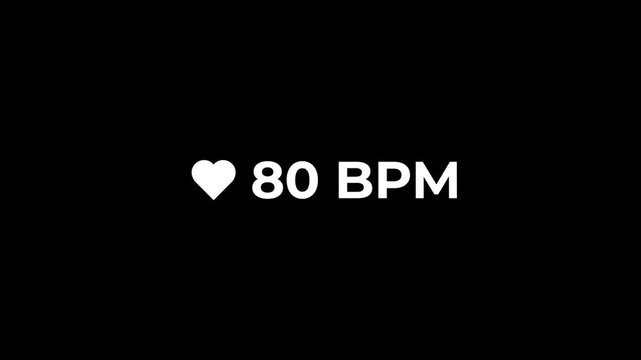Animation of a heart icon and different bpm text overlay on a black background. Fitness tracker digital dashboard UI element, medical healthcare and running cardio concept.