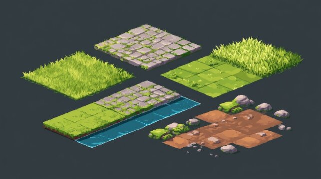 Bright Isometric Game Tile Set Grass Stone Water Pixel