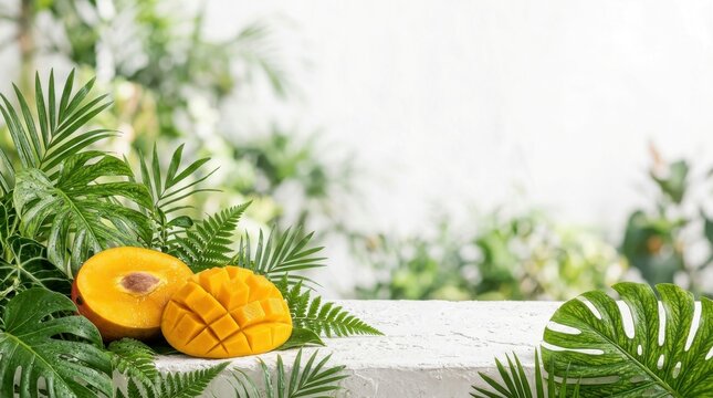 Tropical Fruit Refreshment. Fresh mango fruit pieces on a textured stone surface with lush palm leaves, for food presentation and culinary display.