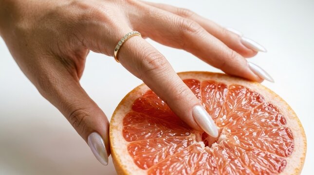 Intimate Wellness. Woman's hand touching a halved grapefruit, feminine health and body care concept, visual metaphor for intimate hygiene education and personal wellness awareness