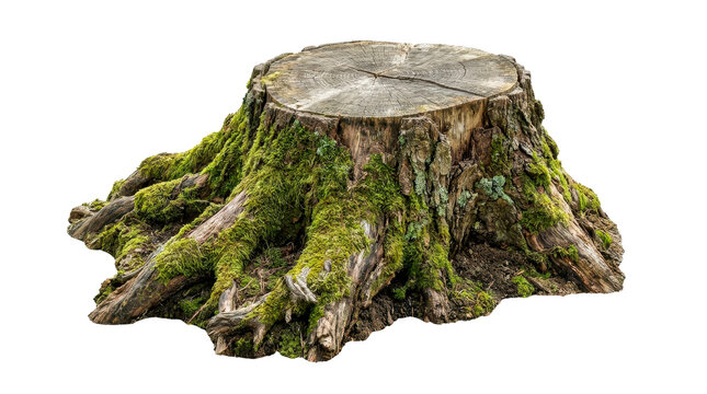 A detailed old weathered tree stump covered in moss isolated on a white background as a high quality cutout with a transparent background