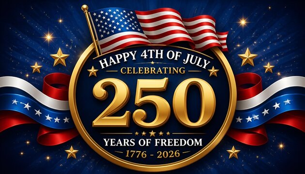 Happy 4th of july celebrating 250 years of freedom, 17762026, usa independence anniversary emblem with gold 250 number, american flag, and patriotic ribbons on a dark blue ...