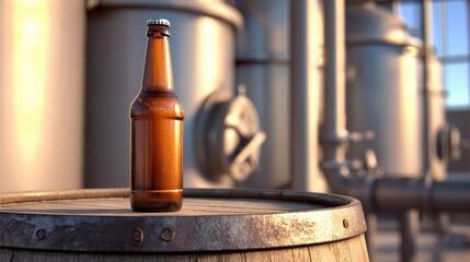 Fototapeta premium Plain beer bottle resting on beer barrel, industrial pipes and tanks in background, realistic lighting and shadows