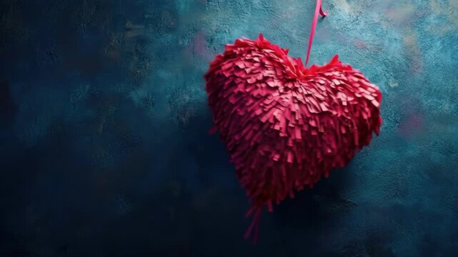 Heart-shaped red pinata against dark teal background for celebrations and events. Cinco de Mayo, Battle of Puebla Day, Mexican Heritage Festival - Latin American Cultural Celebration