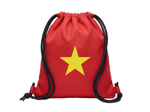 Vietnam flag drawstring bag backpack isolated on black background for travel, sports, and school accessories, patriotic Vietnamese souvenir cinch sack for national pride and identity representation.